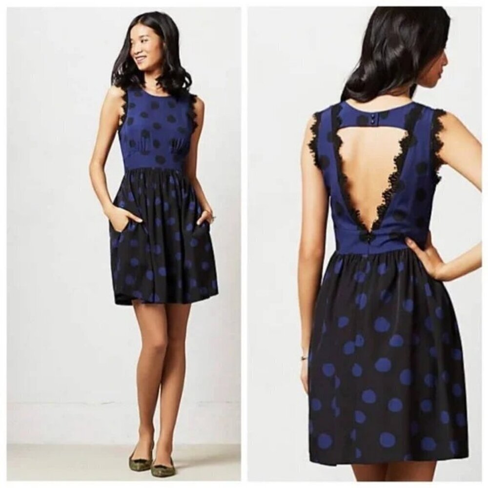 Anthropologie Corey Lynn Calter Polka Dot Lace Trim Open Back Dress Size 6
